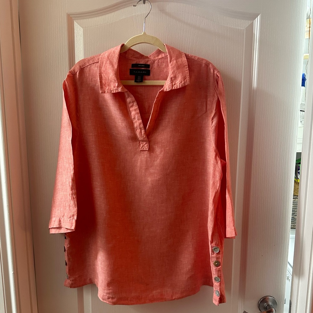 Tahari 100% Linen Half Sleeve Pink Blouse Tunic Top NEW 1X